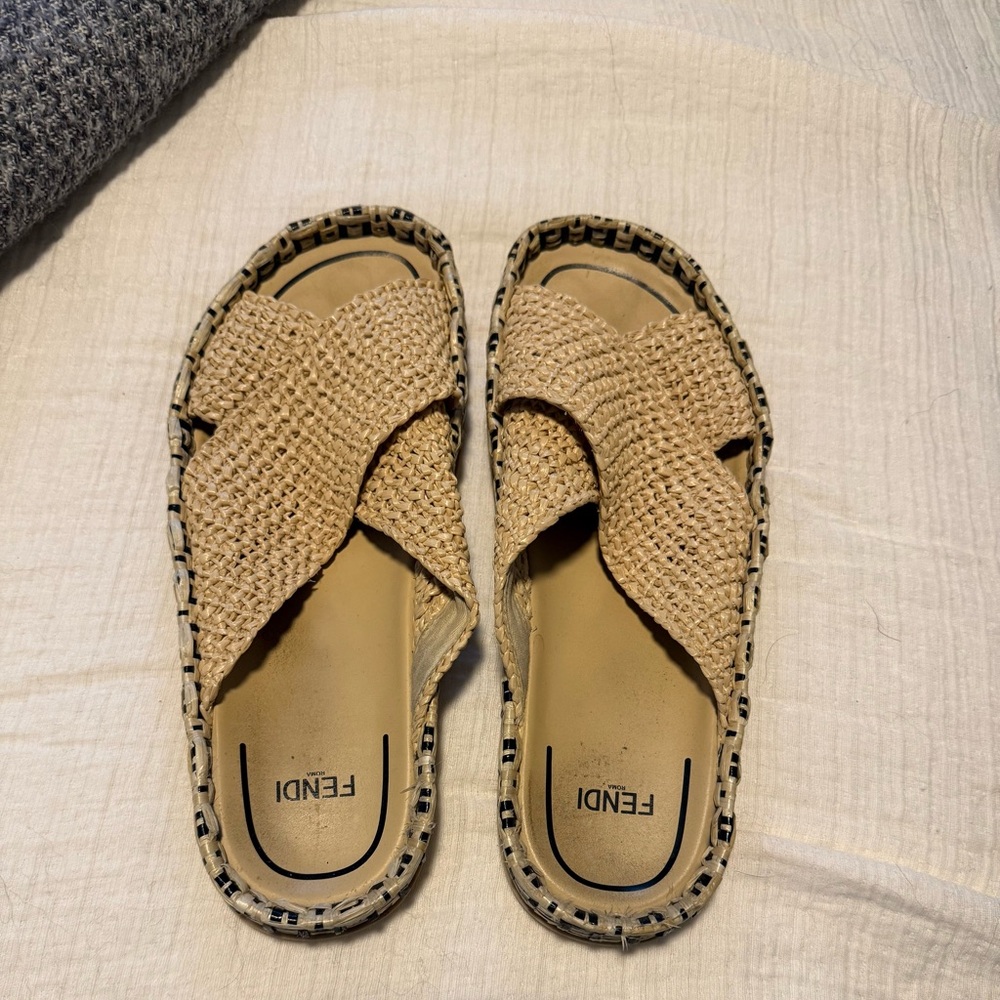 Fendi Beige Woven Cross Strap Slides